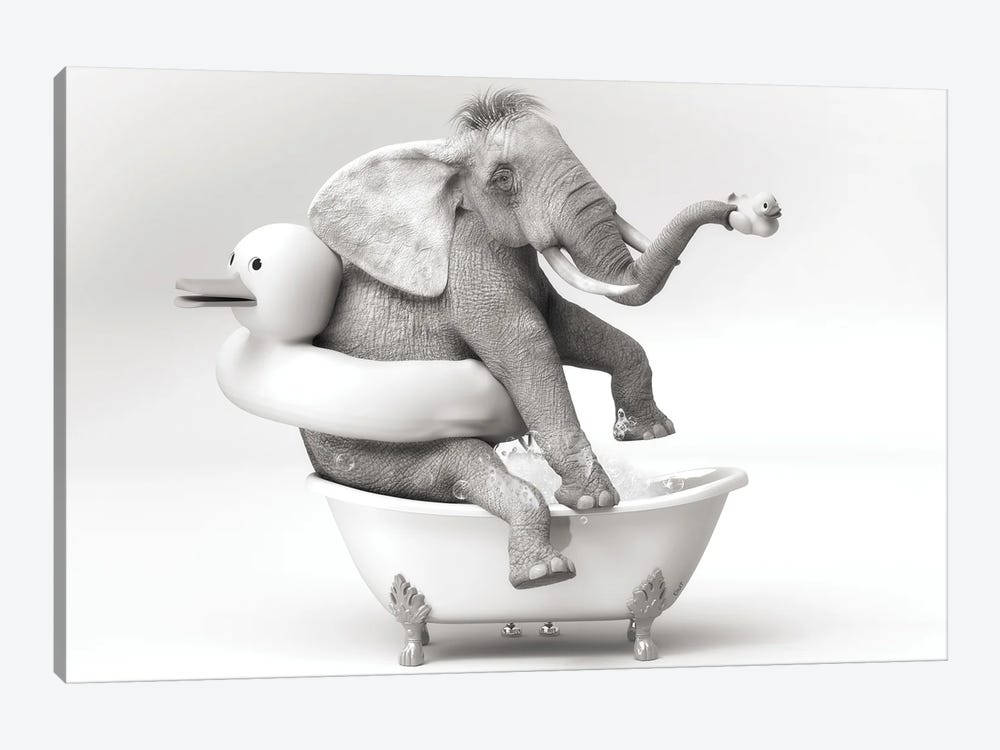 The Elephant In The Bathroom That Plays by Jauffrey Philippe 1-piece Canvas Wall Art
