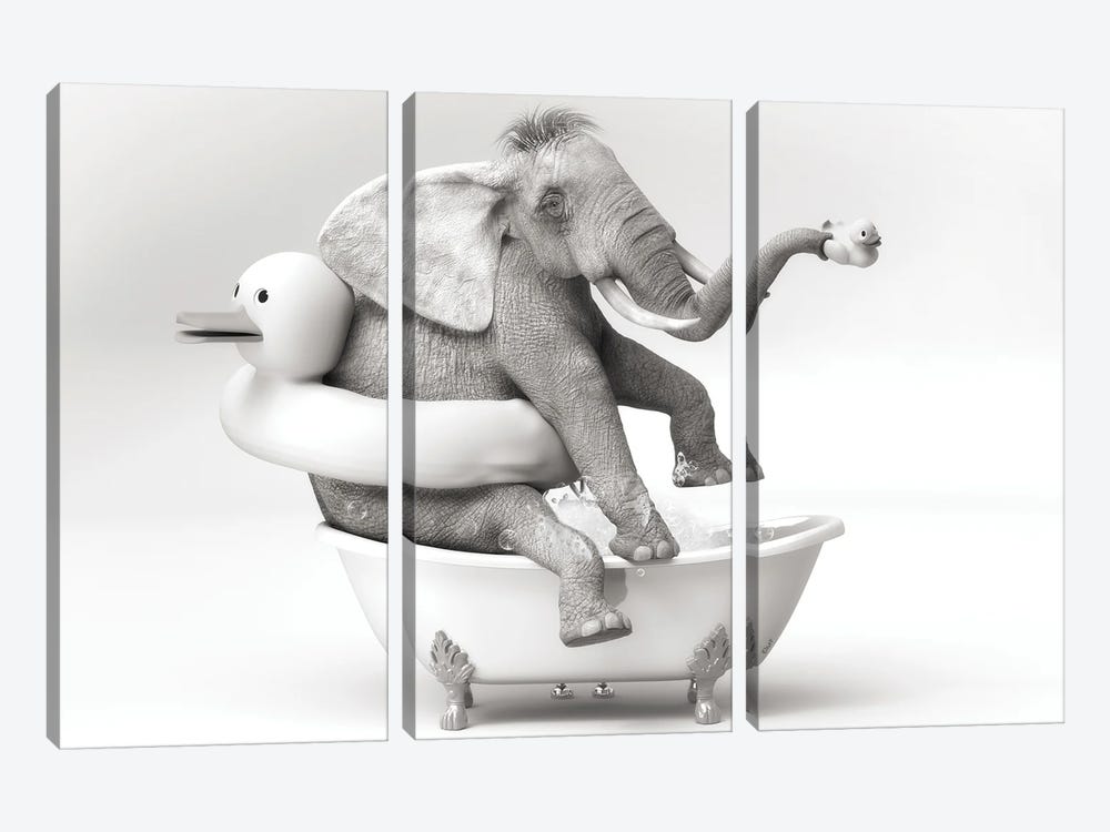 The Elephant In The Bathroom That Plays by Jauffrey Philippe 3-piece Canvas Wall Art