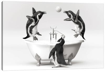 Penguin In The Bath That Plays Canvas Art Print - Penguin Art