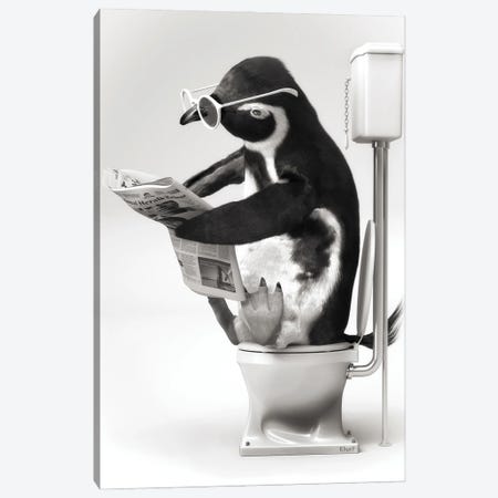 Penguin In The Toilet Black And White Canvas Print #JFY25} by Jauffrey Philippe Canvas Wall Art