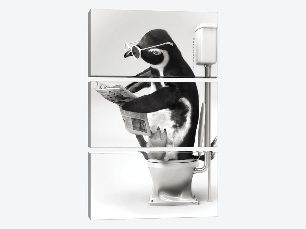 Penguin In The Toilet Black And White by Jauffrey Philippe 3-piece Canvas Art Print