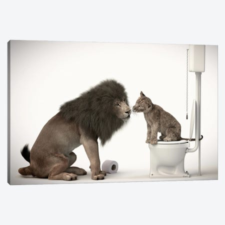 Lion And Baby On The Toilet Canvas Print #JFY28} by Jauffrey Philippe Canvas Print