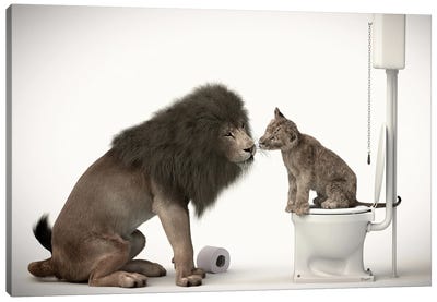 Lion And Baby On The Toilet Canvas Art Print - Jauffrey Philippe