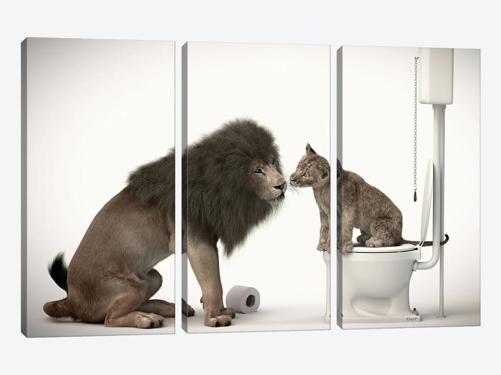 Lion And Baby On The Toilet by Jauffrey Philippe 3-piece Canvas Art