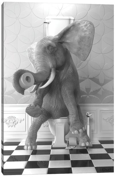 Elephant On The Toilet Canvas Art Print - Jauffrey Philippe