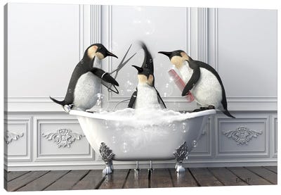 Penguins In The Bath Haircute Canvas Art Print - Penguin Art