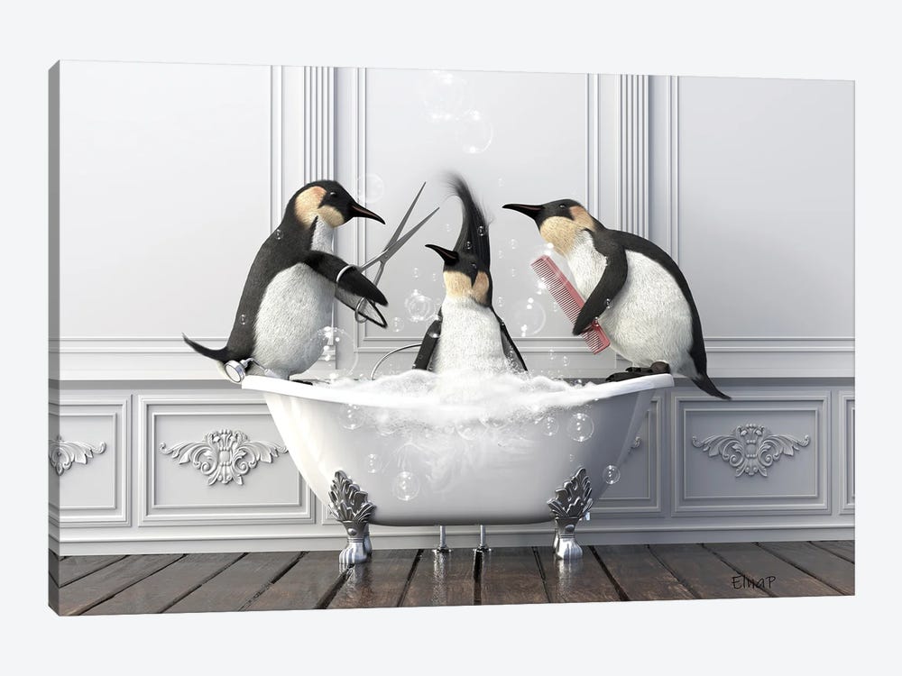 Penguins In The Bath Haircute by Jauffrey Philippe 1-piece Canvas Art Print