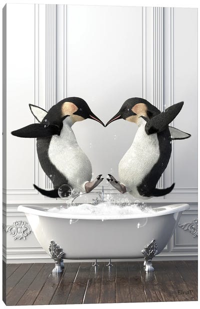 Penguins In The Bath Having Fun Canvas Art Print - Penguin Art