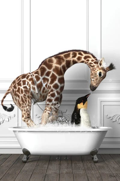 Penguins And Giraffe In The Bath Having Fun by Jauffrey Philippe canvas print