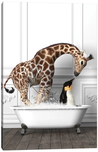 Penguins And Giraffe In The Bath Having Fun Canvas Art Print - Bathroom Humor Art