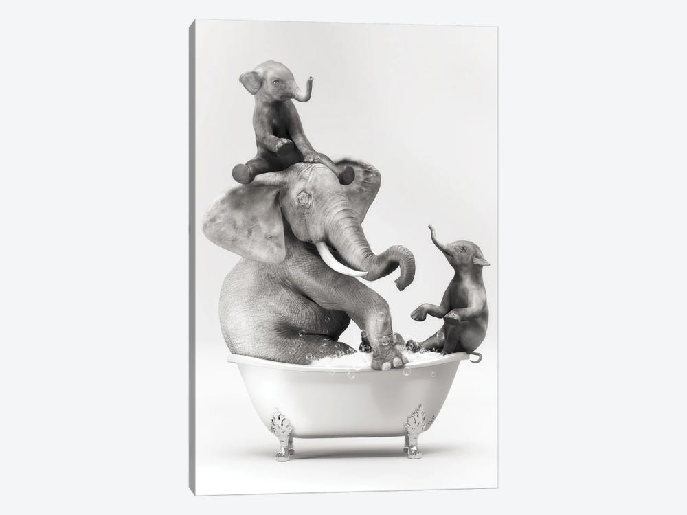 Elephant And Baby In The Bath Having Fun by Jauffrey Philippe 1-piece Canvas Wall Art