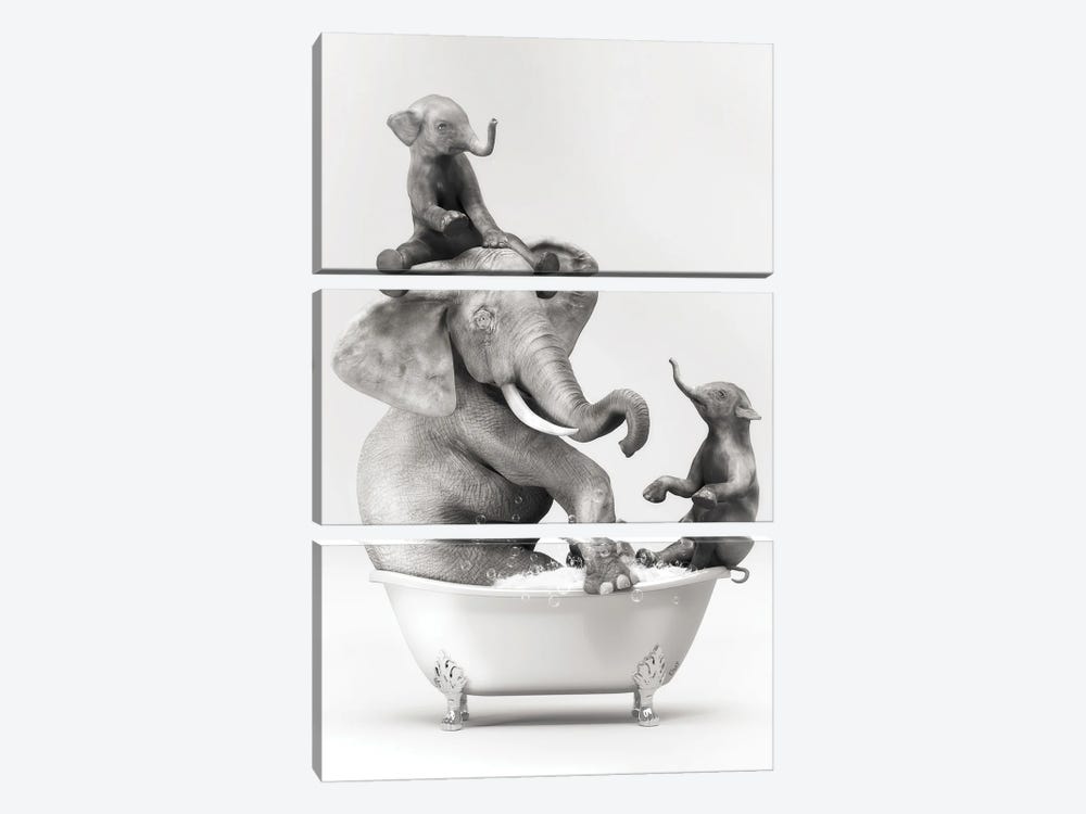 Elephant And Baby In The Bath Having Fun by Jauffrey Philippe 3-piece Canvas Art