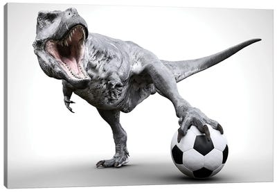 Tyranosaurus Playing Soccer Canvas Art Print - Dinosaur Art