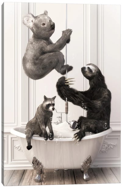 Sloth And Koala In The Bath Canvas Art Print - Koala Art
