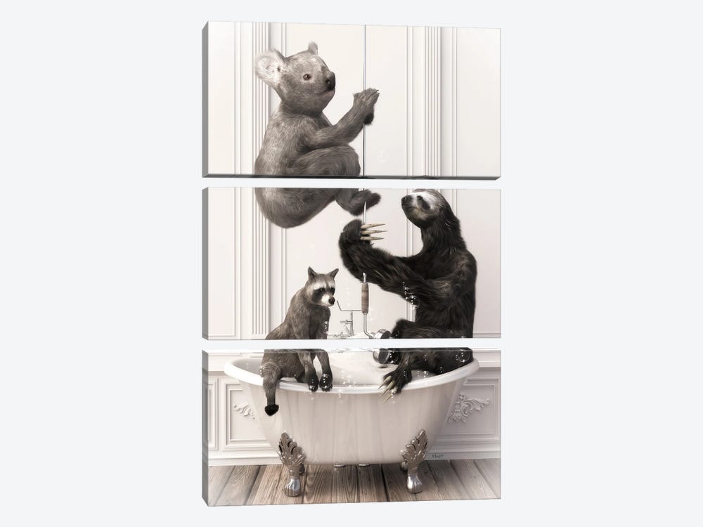 Sloth And Koala In The Bath by Jauffrey Philippe 3-piece Canvas Wall Art