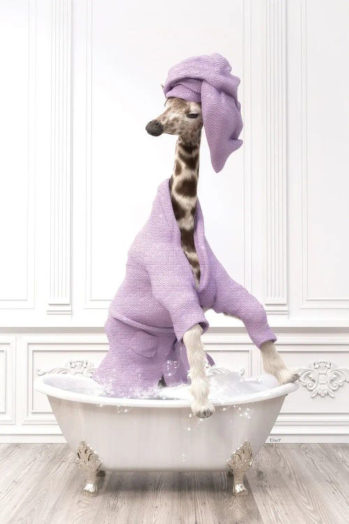 Giraffe In The Bath In Bathrobe