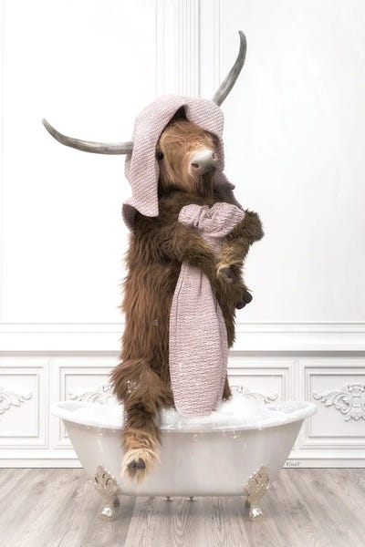 Bathroom Humor: Cow Highland In The Bath In Bathrobe by Jauffrey Philippe