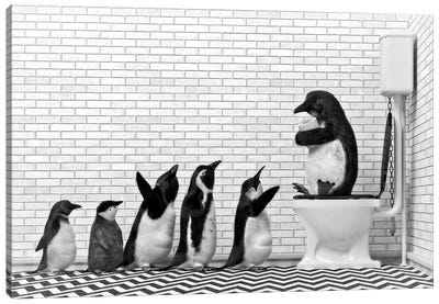 Penguin Family At The Toilet Canvas Art Print - Jauffrey Philippe