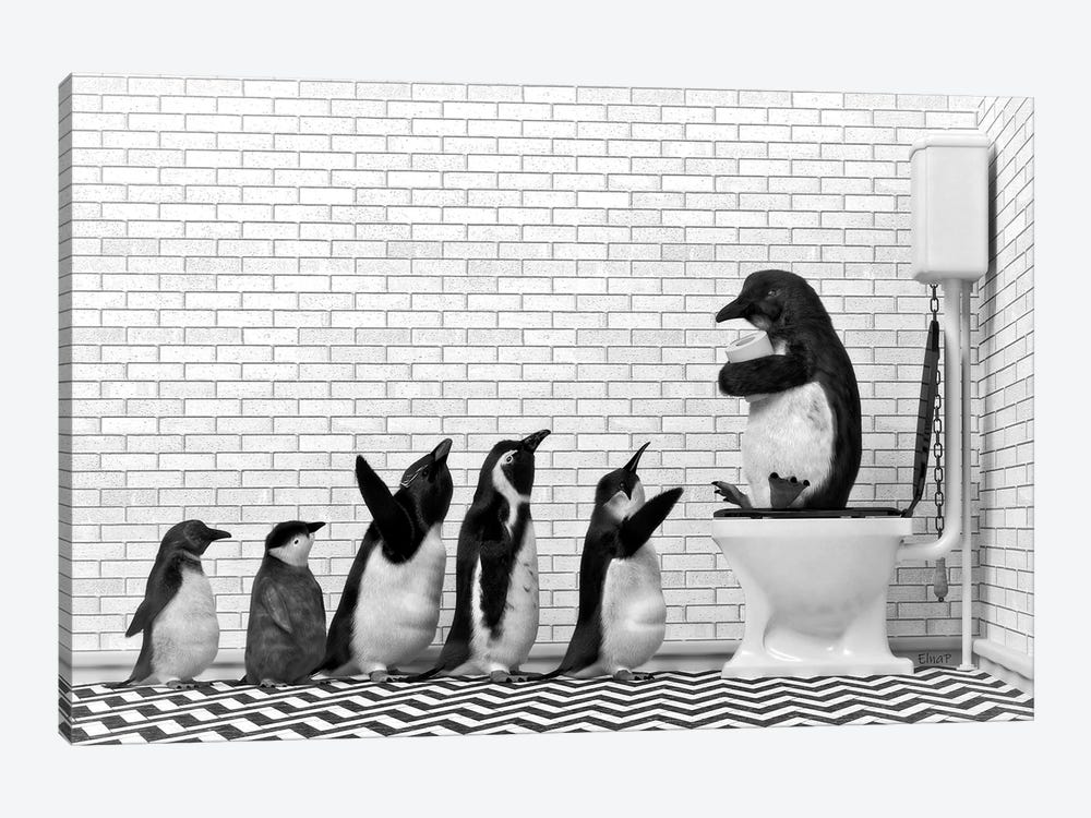 Penguin Family At The Toilet by Jauffrey Philippe 1-piece Canvas Artwork