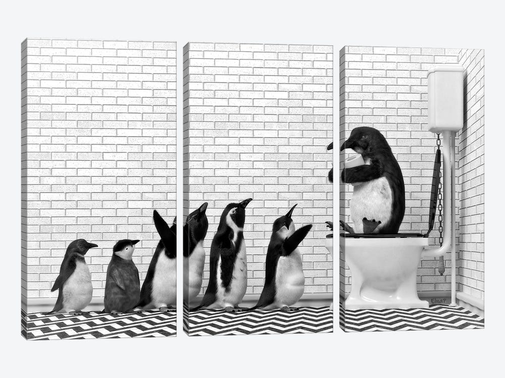 Penguin Family At The Toilet by Jauffrey Philippe 3-piece Canvas Art