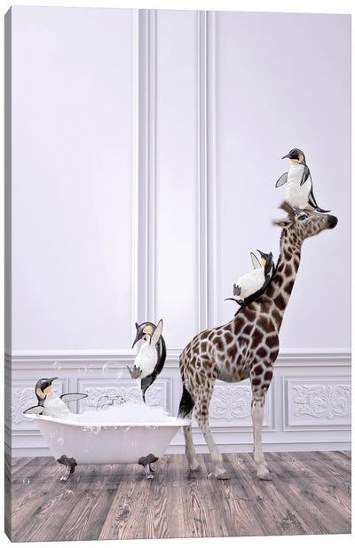 Penguin And Giraffe In The Bathroom Canvas Art Print - Giraffe Art