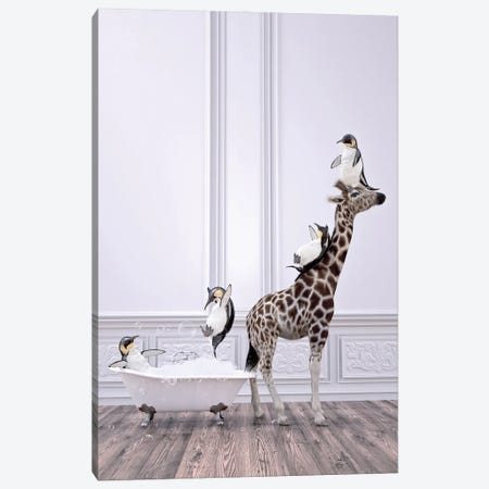 Penguin And Giraffe In The Bathroom Canvas Print #JFY40} by Jauffrey Philippe Art Print