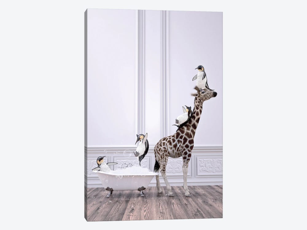 Penguin And Giraffe In The Bathroom by Jauffrey Philippe 1-piece Canvas Wall Art