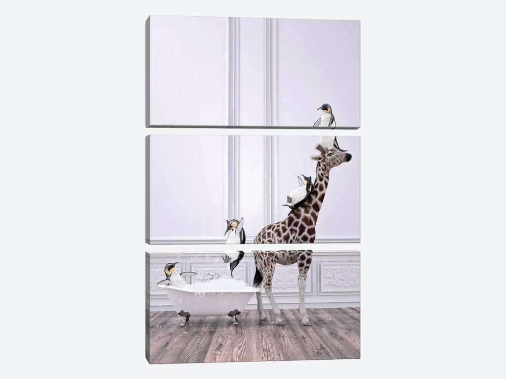Penguin And Giraffe In The Bathroom by Jauffrey Philippe 3-piece Canvas Artwork