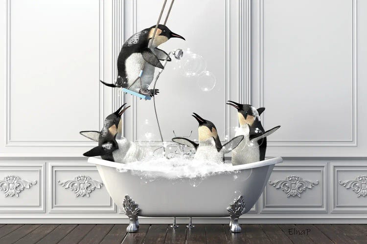 Penguin On The Swing Over The Bath