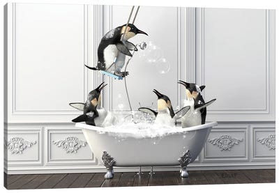 Penguin On The Swing Over The Bath Canvas Art Print - Animal Humor Art