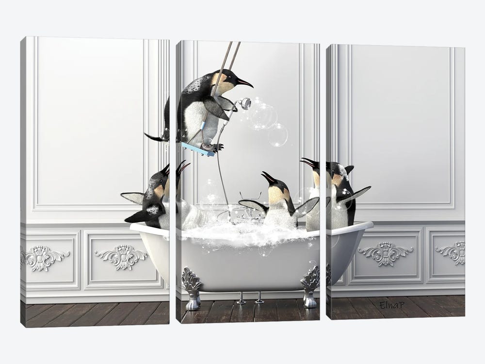 Penguin On The Swing Over The Bath by Jauffrey Philippe 3-piece Canvas Print