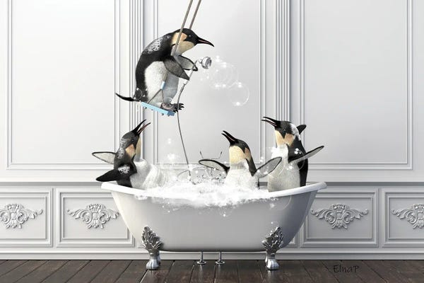 Vintage & Retro: Penguin On The Swing Over The Bath by Jauffrey Philippe