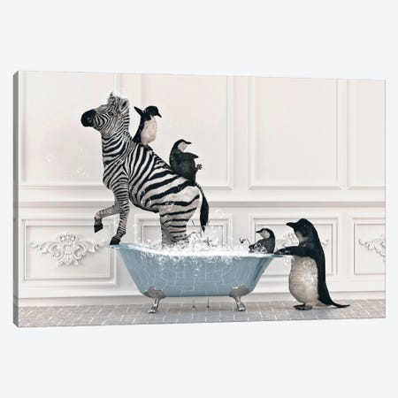 Zebra And Penguin In The Bathroom Canvas Print #JFY44} by Jauffrey Philippe Canvas Wall Art