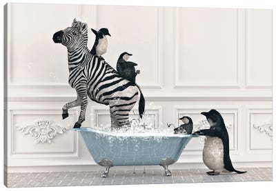 Zebra And Penguin In The Bathroom Canvas Art Print - Zebra Art