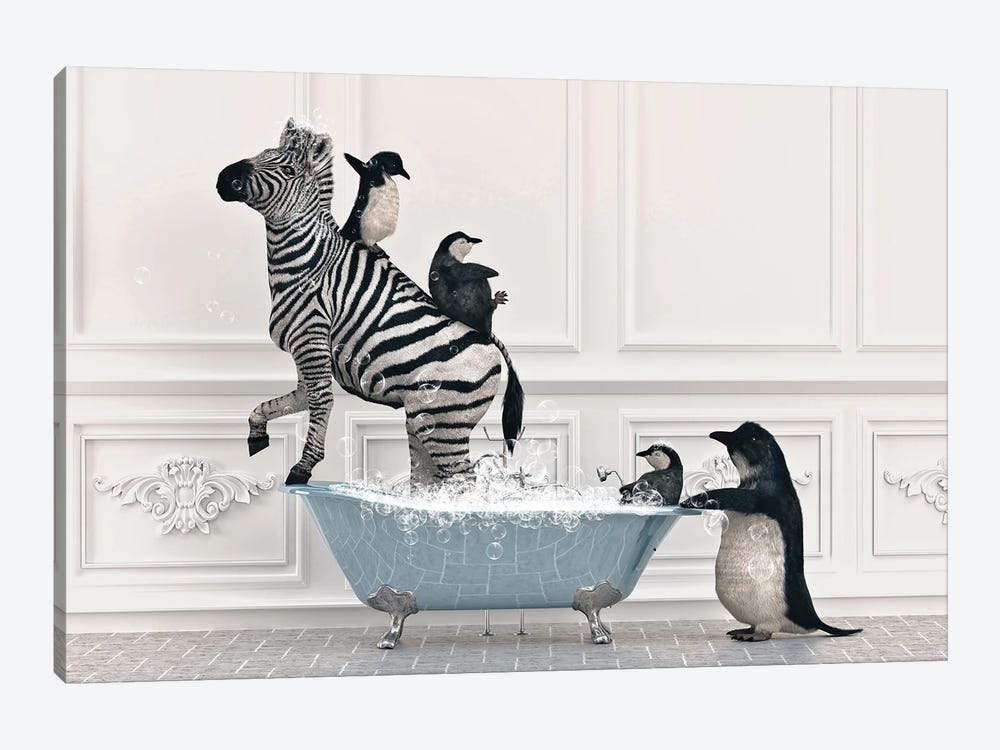 Zebra And Penguin In The Bathroom by Jauffrey Philippe 1-piece Canvas Art