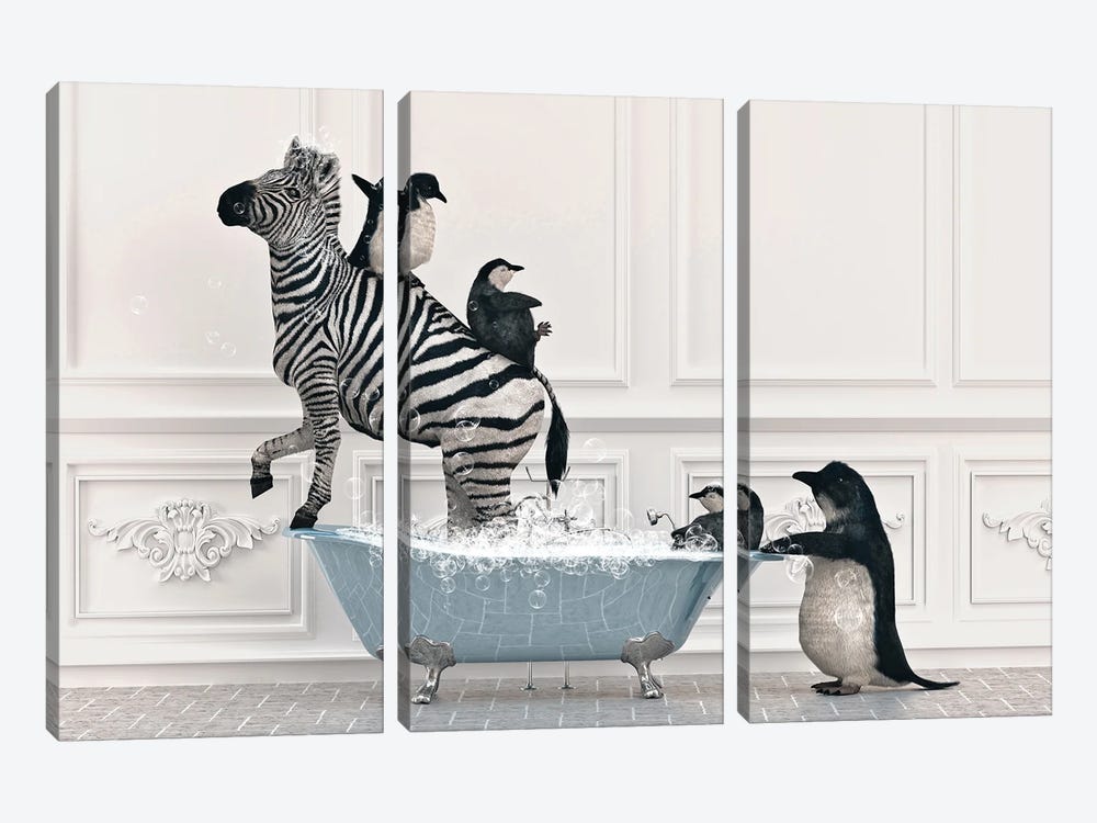 Zebra And Penguin In The Bathroom by Jauffrey Philippe 3-piece Canvas Wall Art