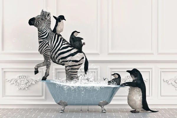 Zebras: Zebra And Penguin In The Bathroom by Jauffrey Philippe