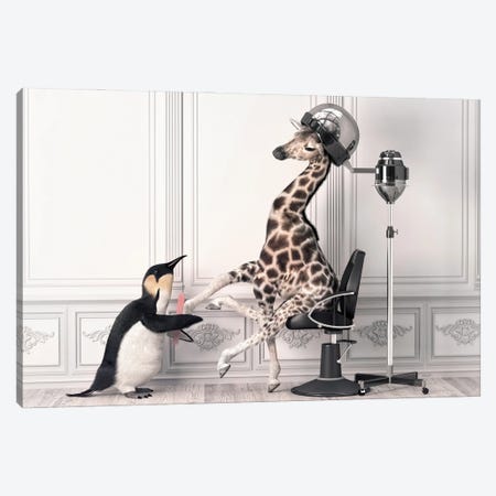 Penguin Files The Nails Of A Giraffe In The Bathroom Canvas Print #JFY45} by Jauffrey Philippe Canvas Art