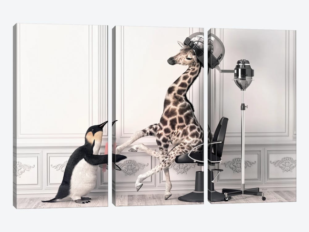 Penguin Files The Nails Of A Giraffe In The Bathroom by Jauffrey Philippe 3-piece Canvas Print