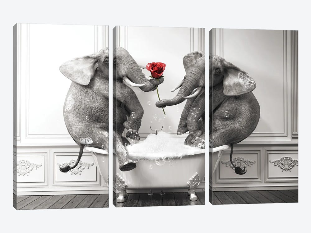 Elephant In Love In The Bath by Jauffrey Philippe 3-piece Canvas Art