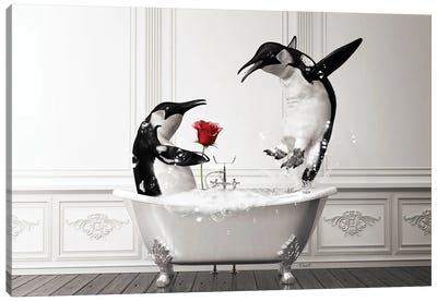 Penguin In Love In The Bath Canvas Art Print - Black, White & Red Art
