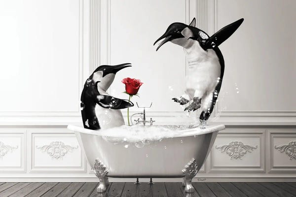 Vintage & Retro: Penguin In Love In The Bath by Jauffrey Philippe