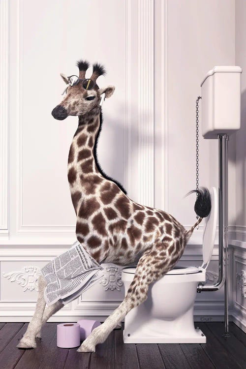 Giraffe In The Toilet Reading A Newspaper