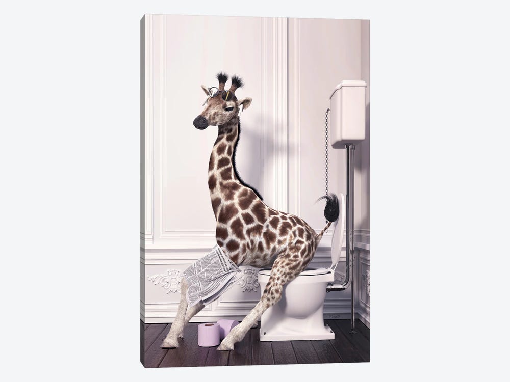 Giraffe In The Toilet Reading A Newspaper by Jauffrey Philippe 1-piece Canvas Wall Art