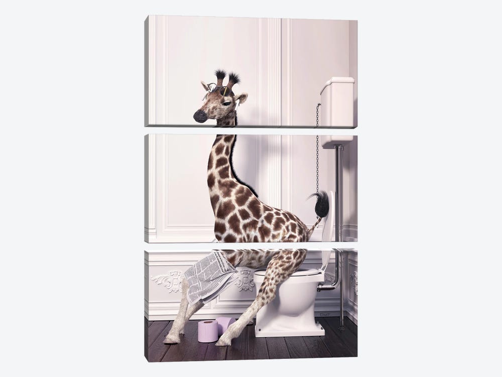 Giraffe In The Toilet Reading A Newspaper by Jauffrey Philippe 3-piece Canvas Art
