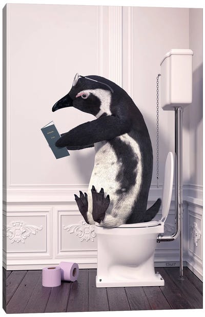 Penguin In The Toilet Reading A Book Canvas Art Print - Penguin Art