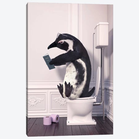 Penguin In The Toilet Reading A Book Canvas Print #JFY49} by Jauffrey Philippe Art Print