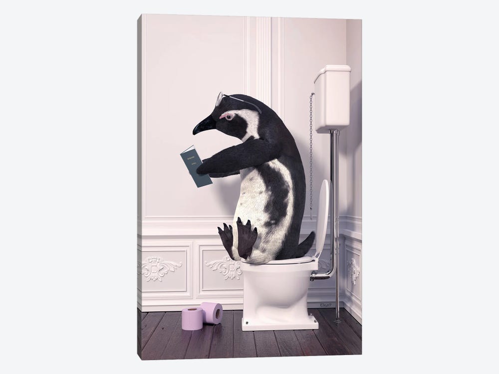Penguin In The Toilet Reading A Book by Jauffrey Philippe 1-piece Canvas Print