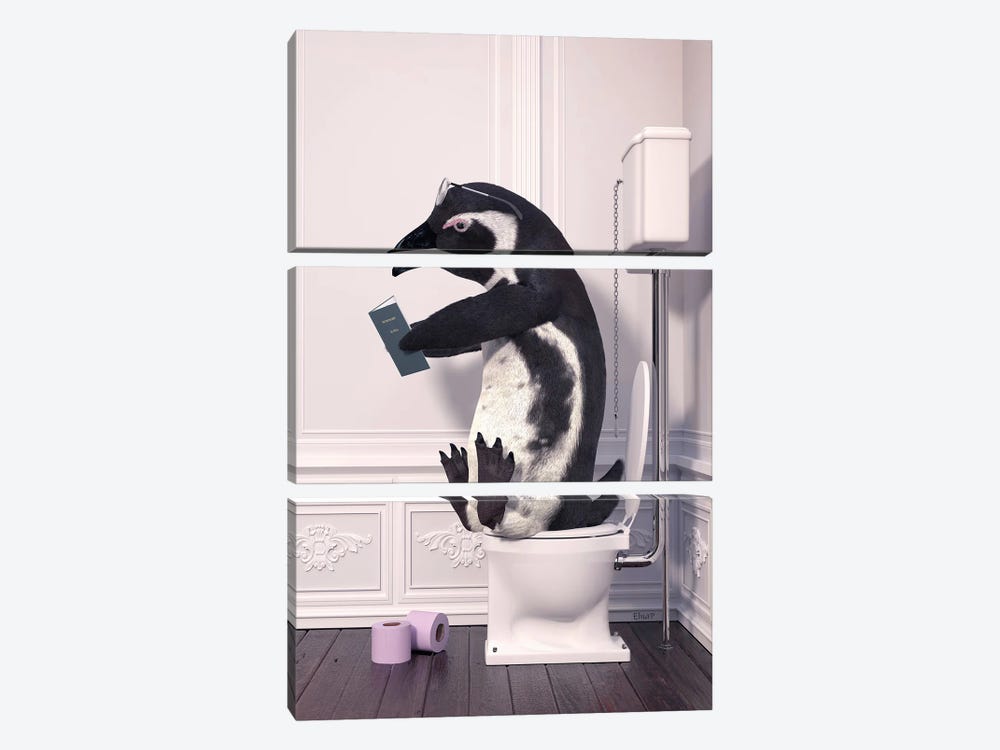 Penguin In The Toilet Reading A Book by Jauffrey Philippe 3-piece Art Print