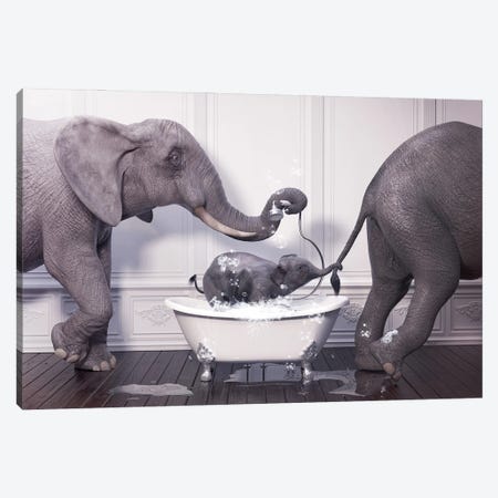 Elephant In The Bath With Baby Canvas Print #JFY50} by Jauffrey Philippe Canvas Wall Art